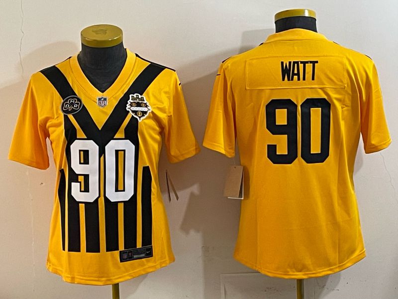 Women 2025 Nike Pittsburgh Steelers #90 Watt Yellow Limited NFL Jersey style 041->women nfl jersey->Women Jersey